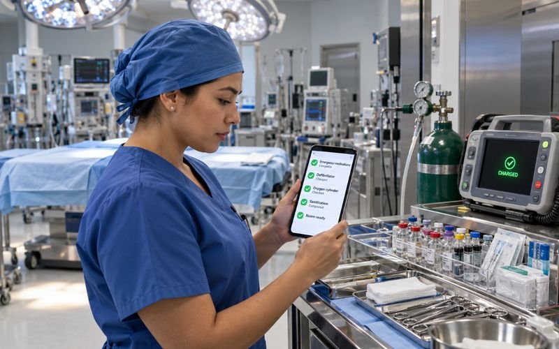 Enfermera verificando la sala de operaciones desde el celular