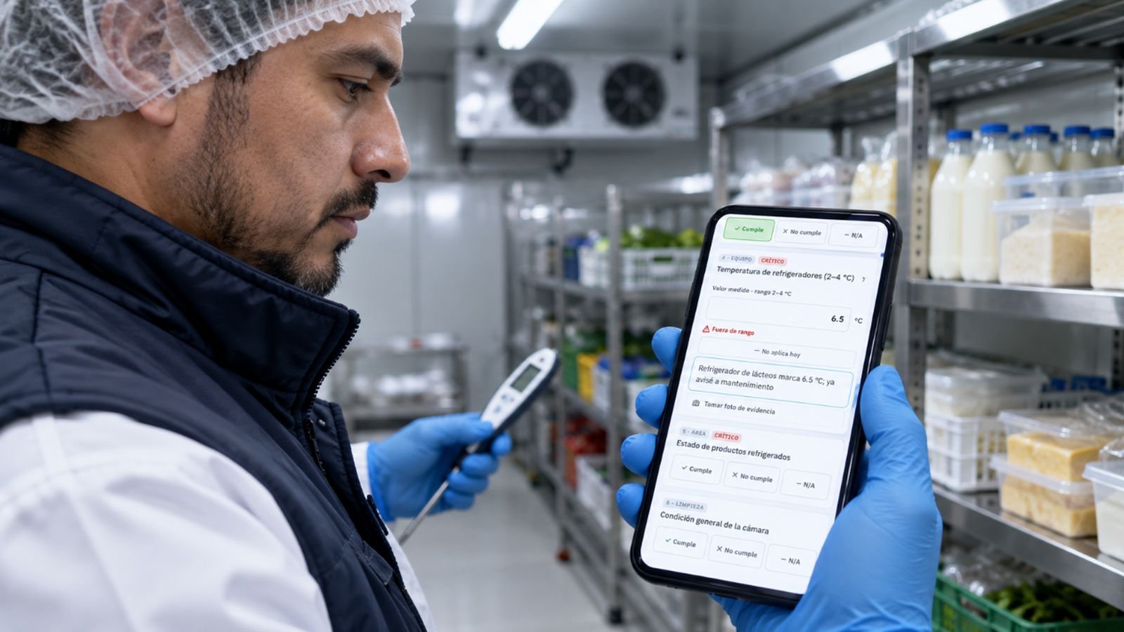 Encargado registrando la temperatura del cuarto frío en el celular con una lectura fuera de rango