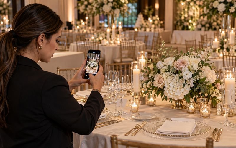 Coordinadora de eventos tomando foto del montaje de una mesa