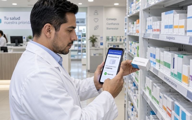 Farmacéutico registrando la fecha de vencimiento de un medicamento en el celular