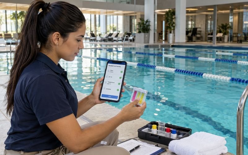 Encargada midiendo cloro y pH de la piscina con el checklist en el celular