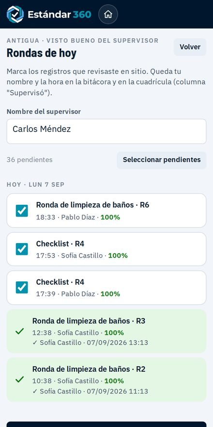 Vista del supervisor en el celular: rondas del día con casillas de visto bueno